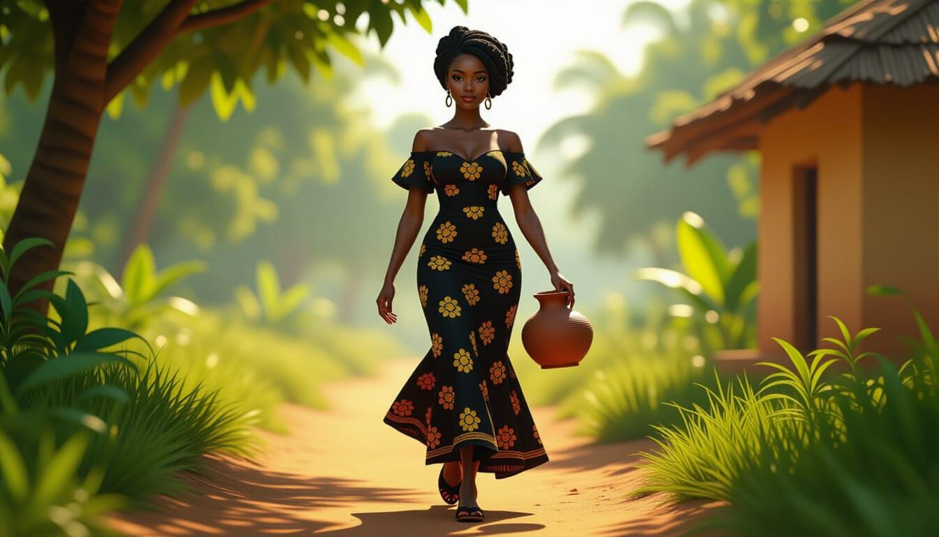 African Woman with Clay Pot in Sunlit Forest