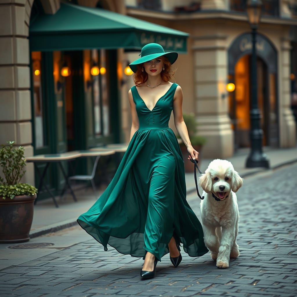 Elegant Woman with Poodle on Parisian Street