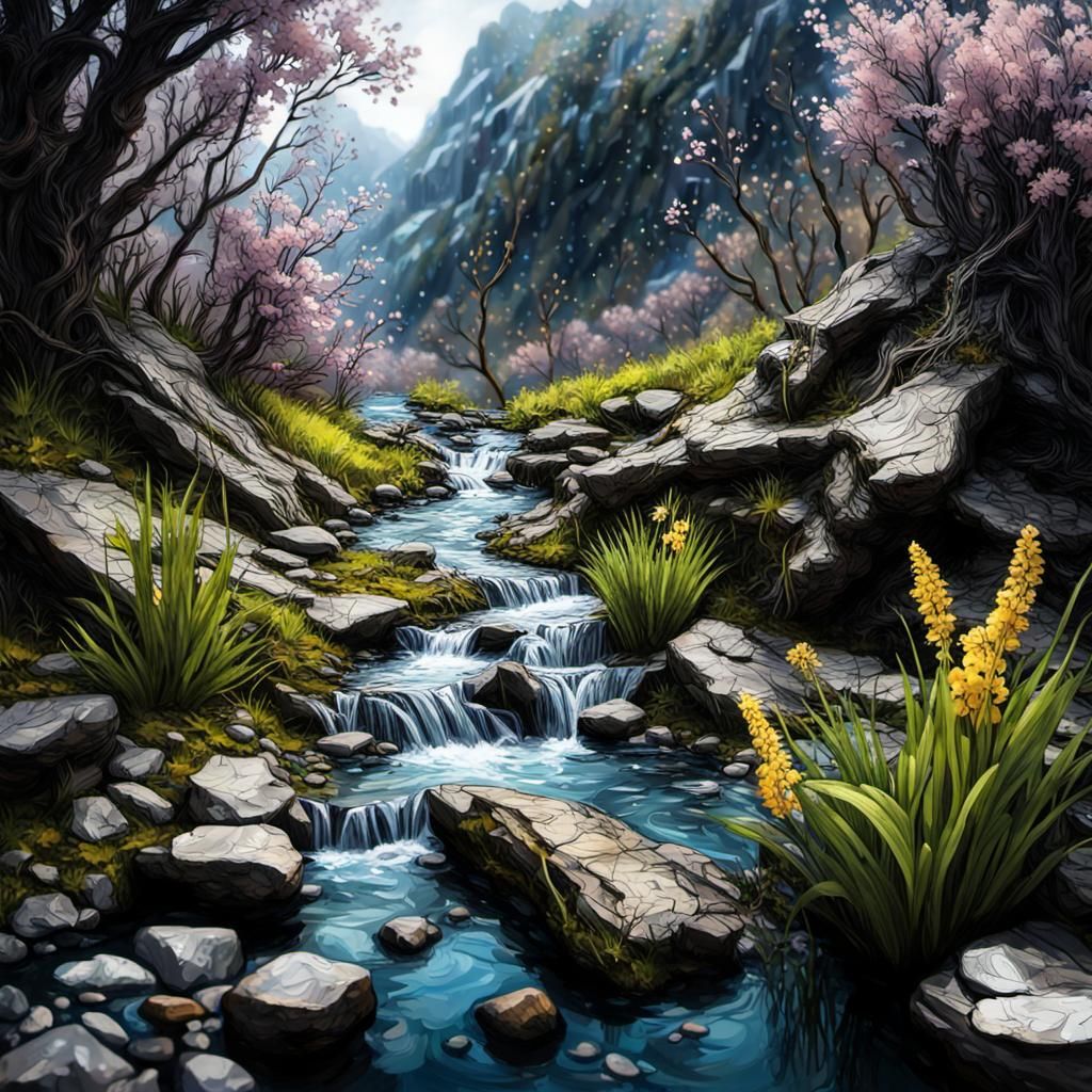 Botanical Stream in Spring: Hyperrealistic 3D Art