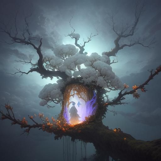 Majestic Tree in Cloudland with Baby and Fruit