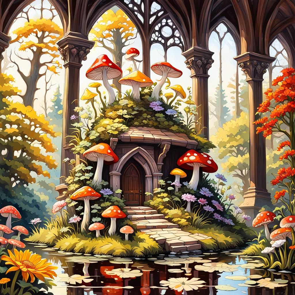 Magical Gothic Library and Mushroom Garden, Impasto Gouache ...