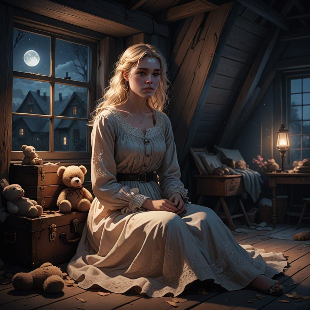 Lonely Blond Girl in Attic with Teddy Bear