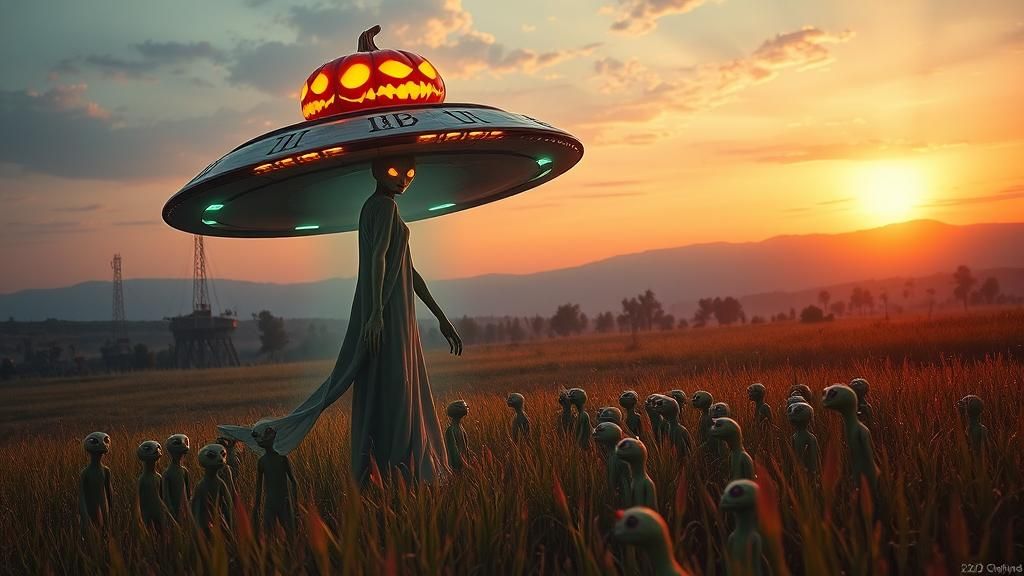 Alien Queen Emerges in Surreal Twilight Meadow