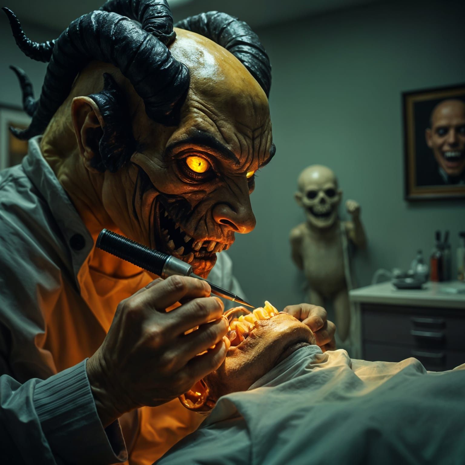 A hyperrealistic, ultra-finely detailed evil, demonic dentist, extracting a tooth from a patient in a hellish dental off...
