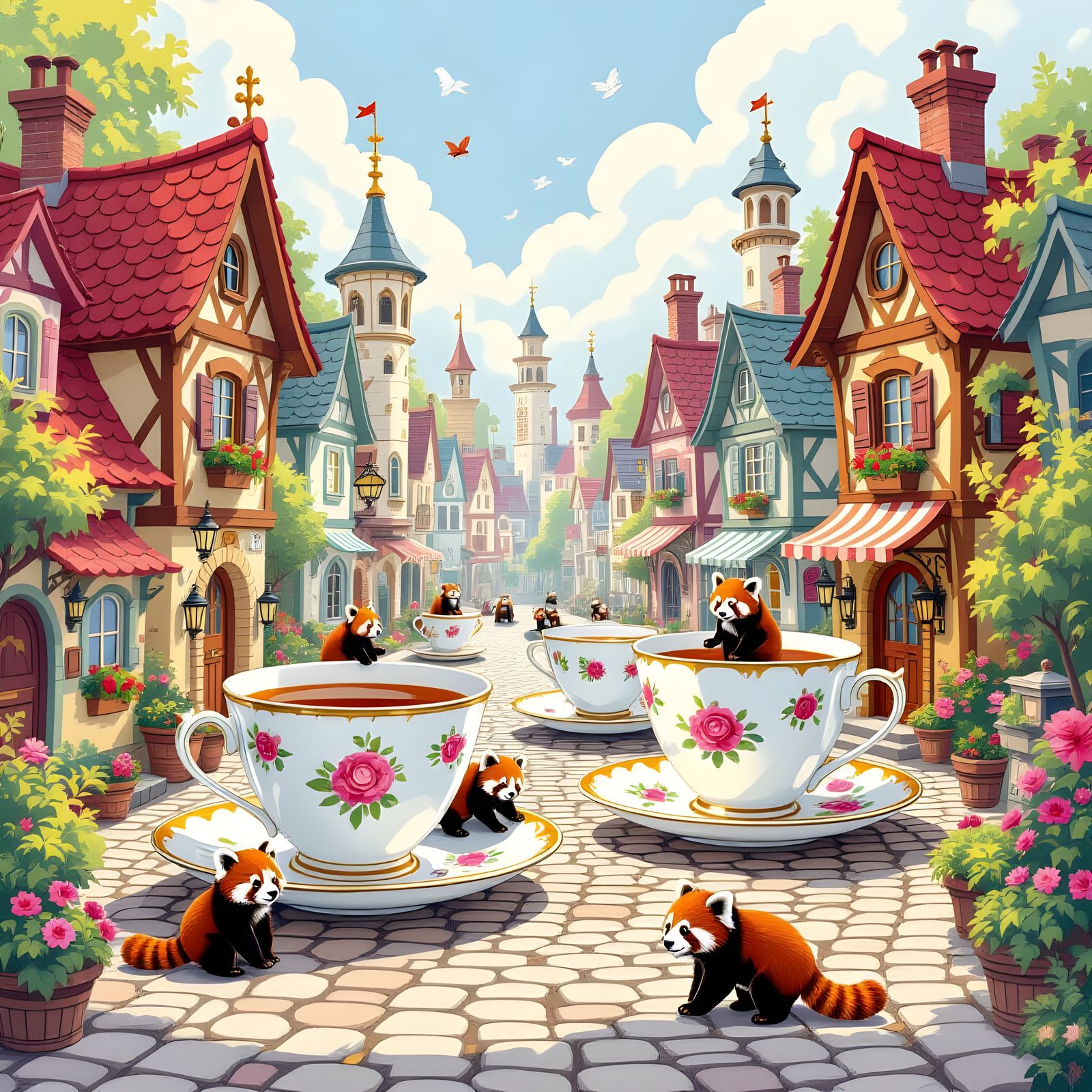 Red Pandas in Whimsical Teacup City