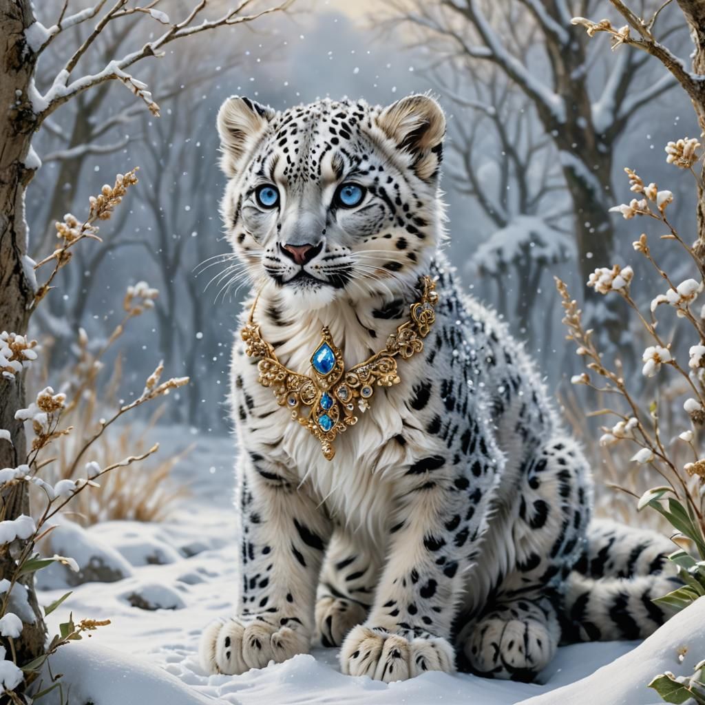 Snow Leopard Cub in Mystical Winter Landscape