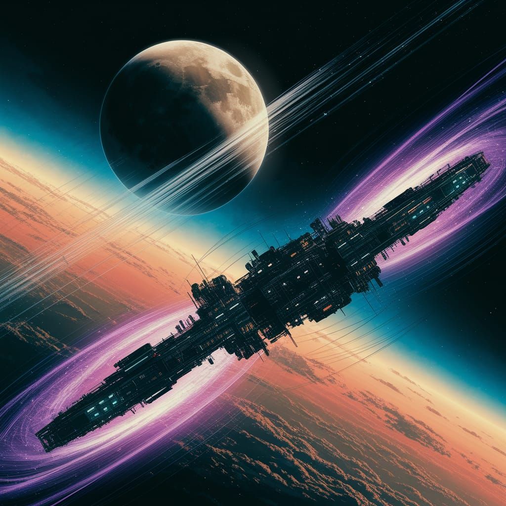 Moonrise Over Space Station: Sci-Fi Digital Art