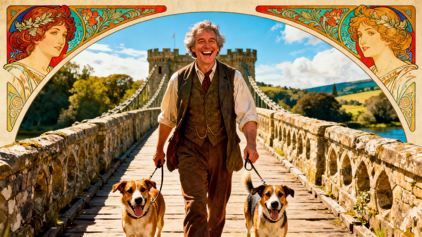 British Man Walks Dogs on Sunny Bridge