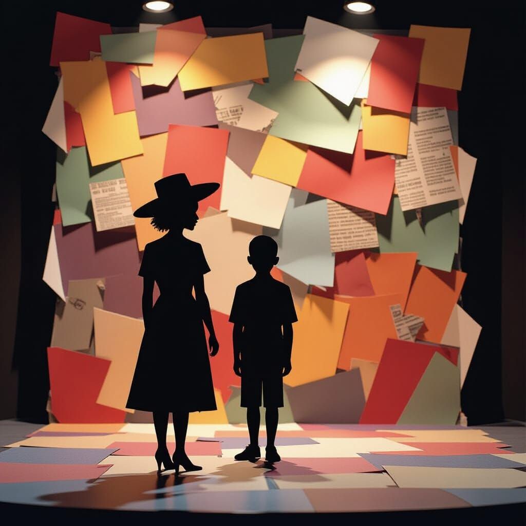 Paper Art Silhouette on Stage with Abstract Collage Backdrop