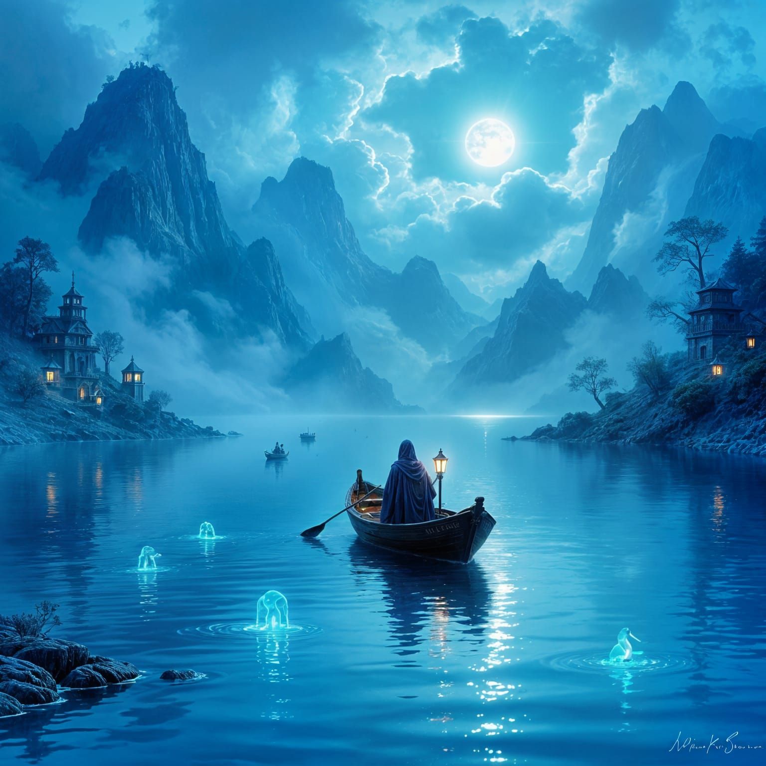 Ethereal Blue Sea with Traveler, in Fantasy Style