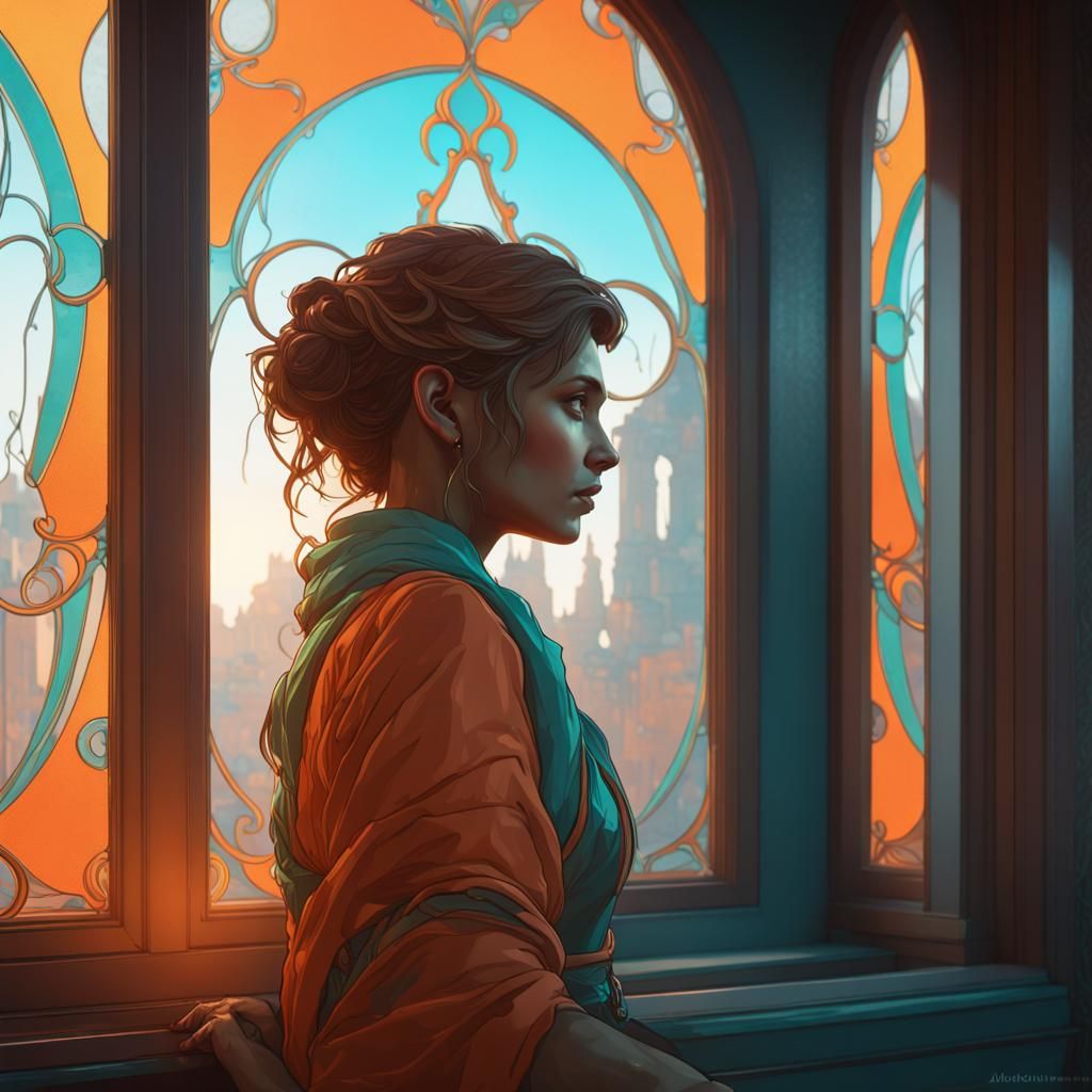 Melancholy Figure at Window, Hyperdetailed Concept Art