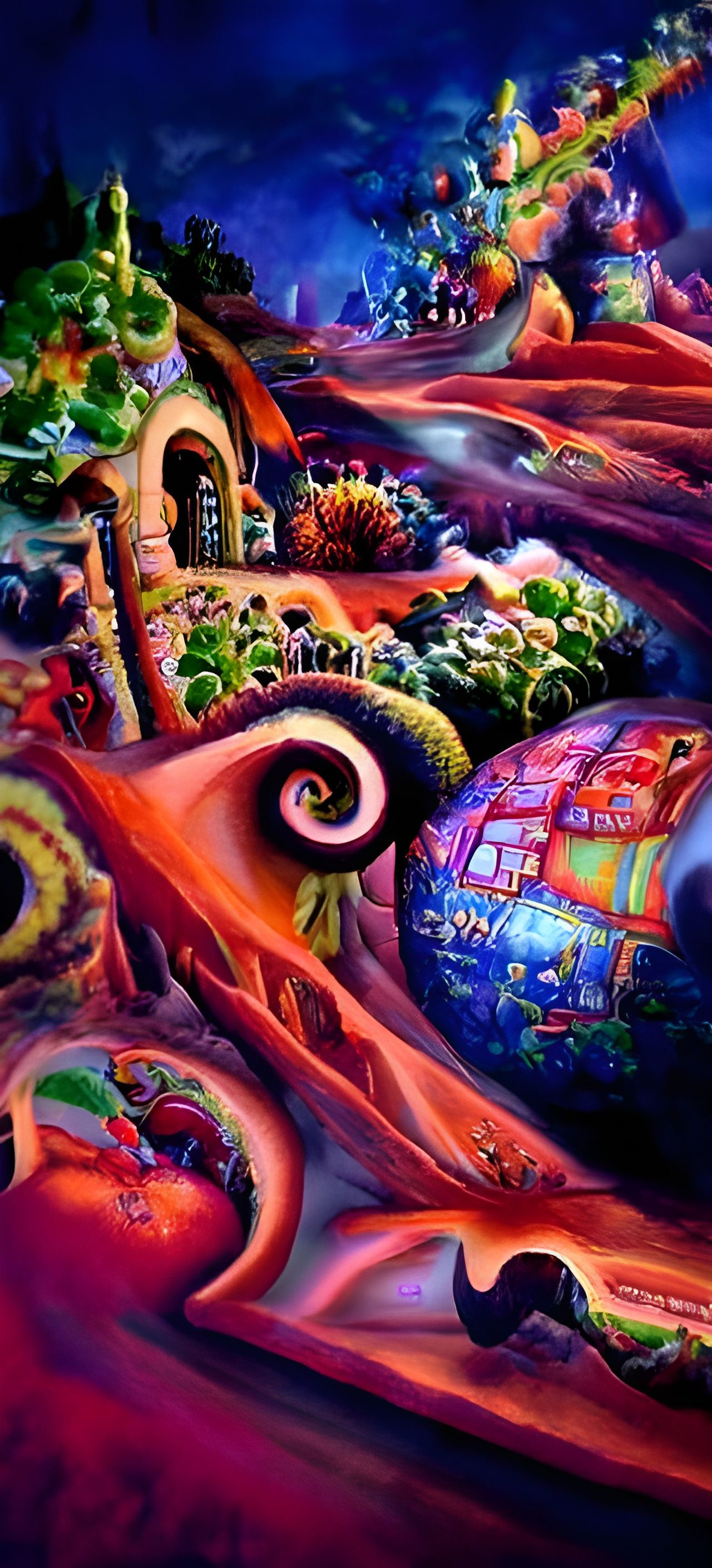 Cinematic landscape hyperdetailed intricately detailed Josephine Wall Wes Anderson Tim Burton geometric abstract art sur...
