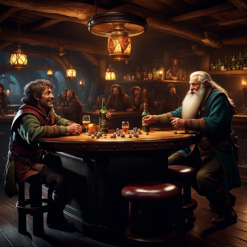 Hobbit and Hunter Dice Game in Dark Fantasy Art