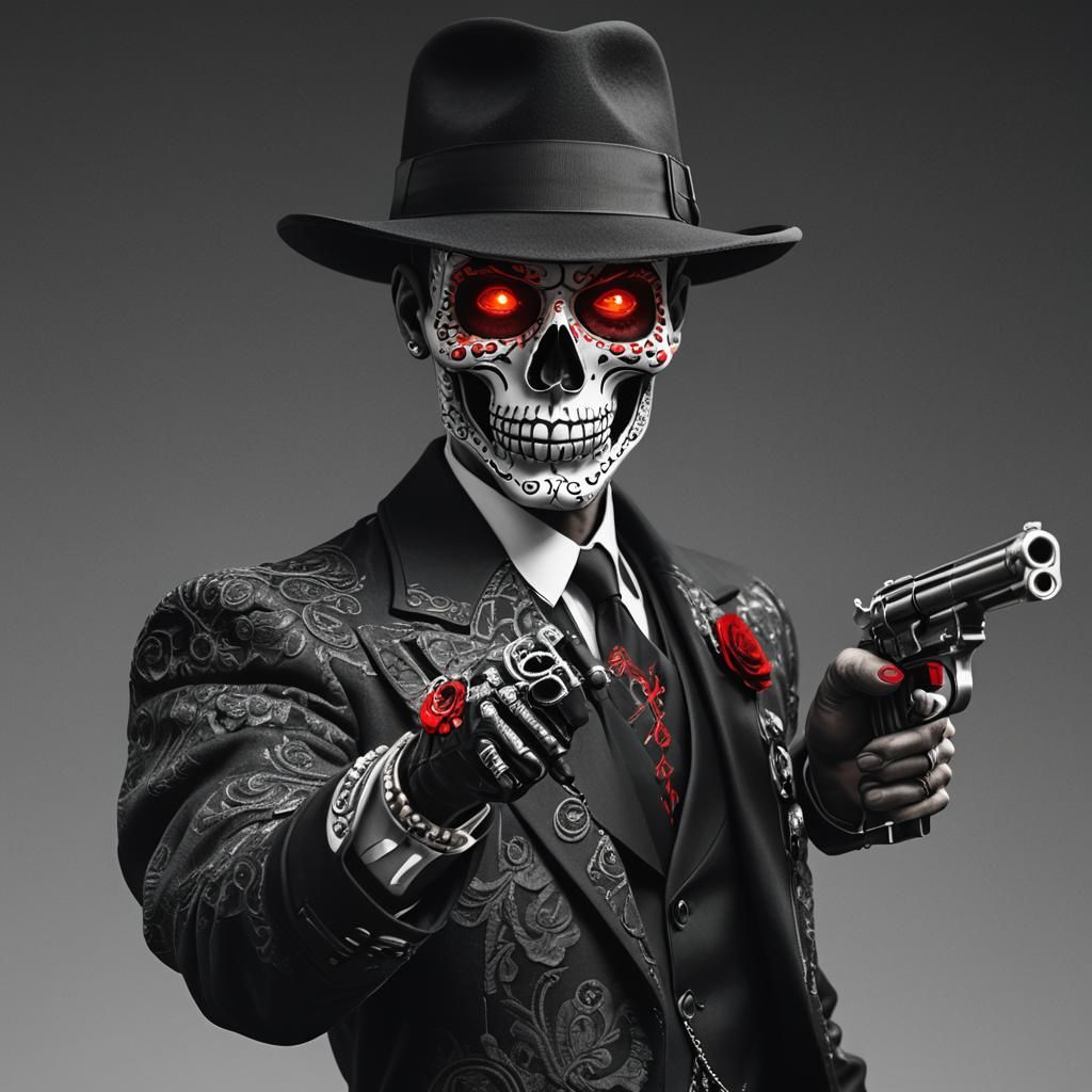 Sugar Skull Gangster in Noir Style
