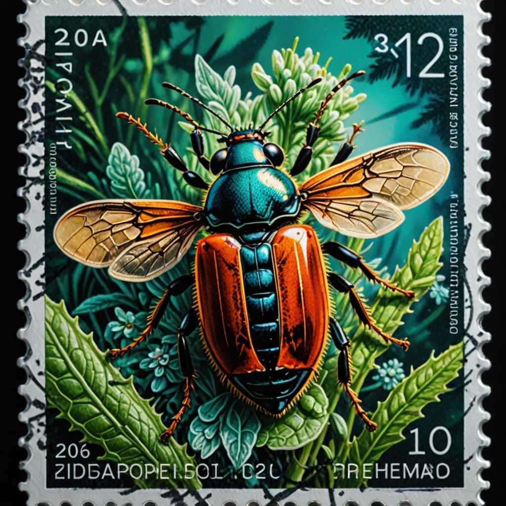 Vibrant Insect-Themed Stamp Art in Macro Photography Style