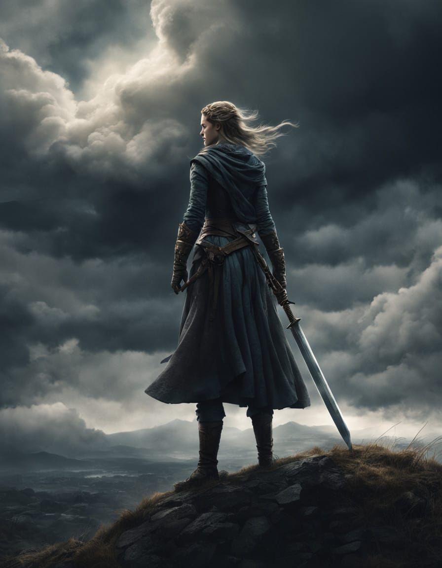 Heroic Woman Stands Tall on Hill, Sword in Hand, Amidst Dark...