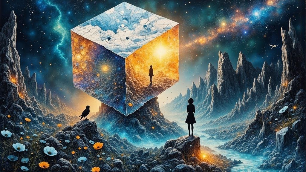 Crystalline Cubes Dreamscape with Bioluminescent Accents