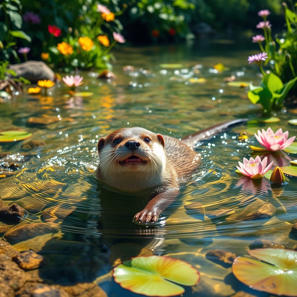 Playful Otter in Crystal Stream: Photorealistic Wildlife