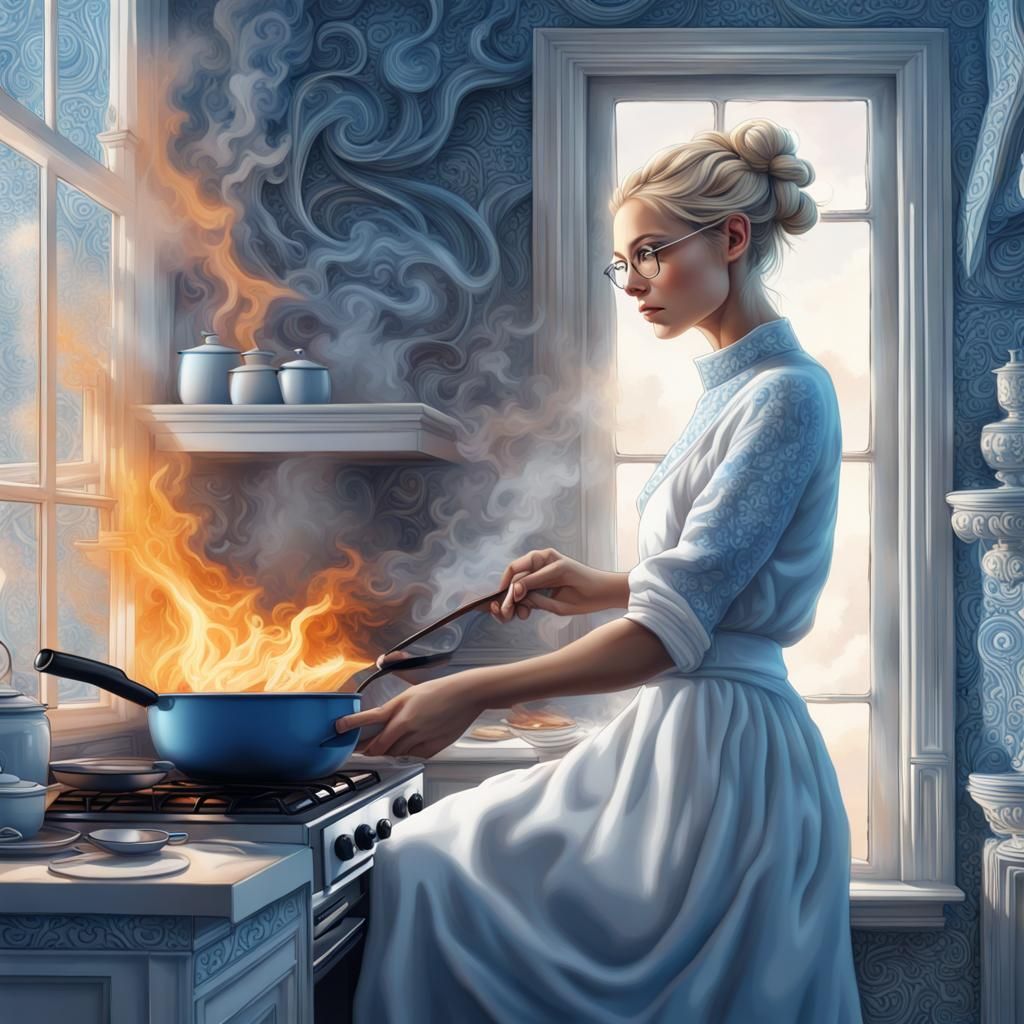 Blonde Woman Cooking in Blue Kitchen as Fractal Art