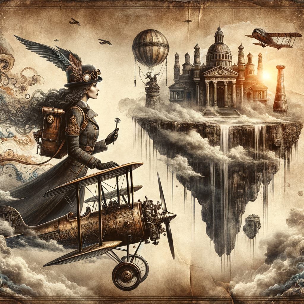 Steampunk Explorer Pilots Biplane to Mysterious Sky Temple