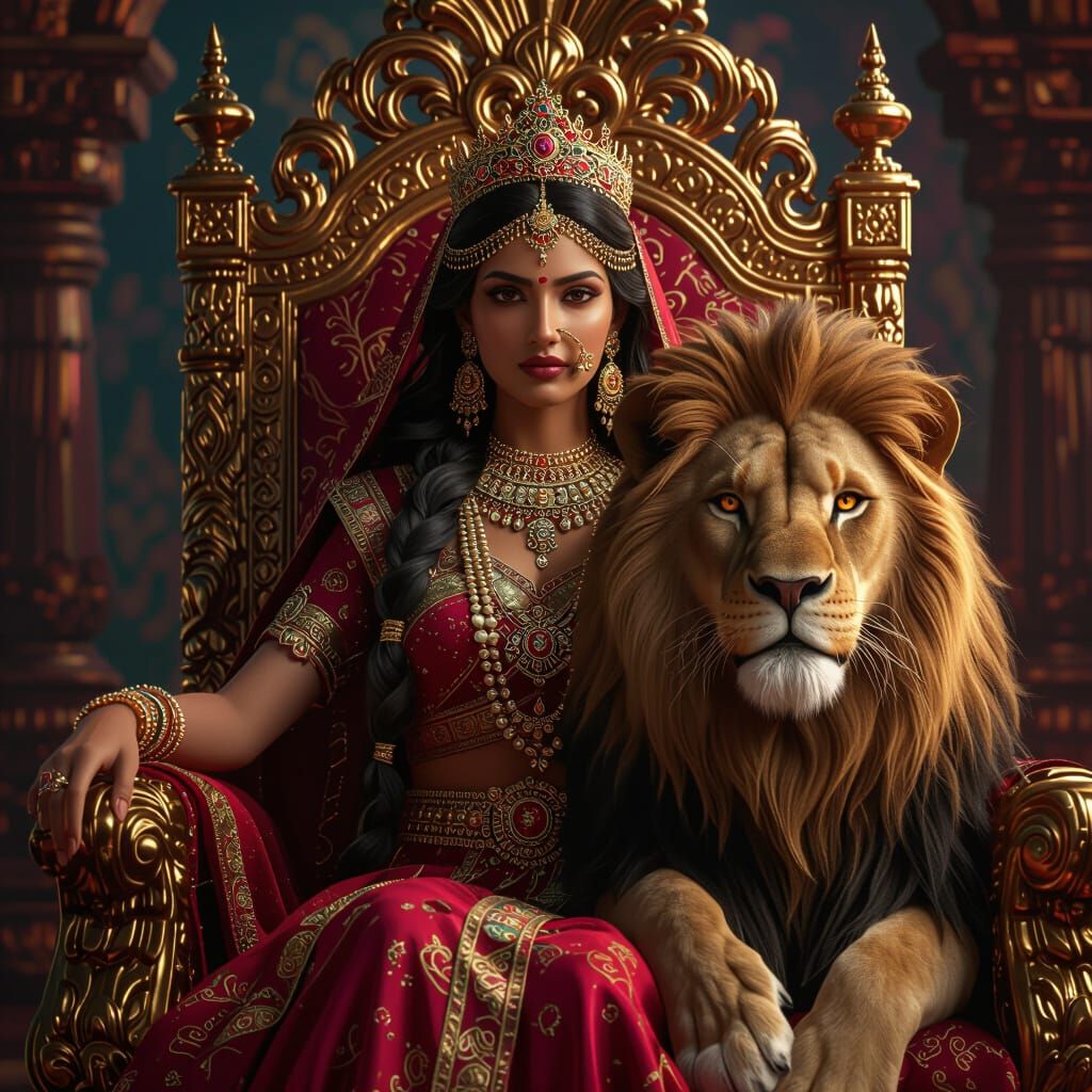 Indian Queen and Lion on Gilded Throne