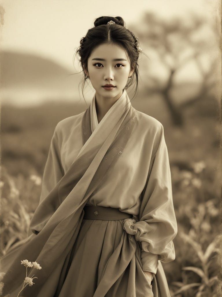 A Korean Woman's Serene Resolve in Traditional Hanbok