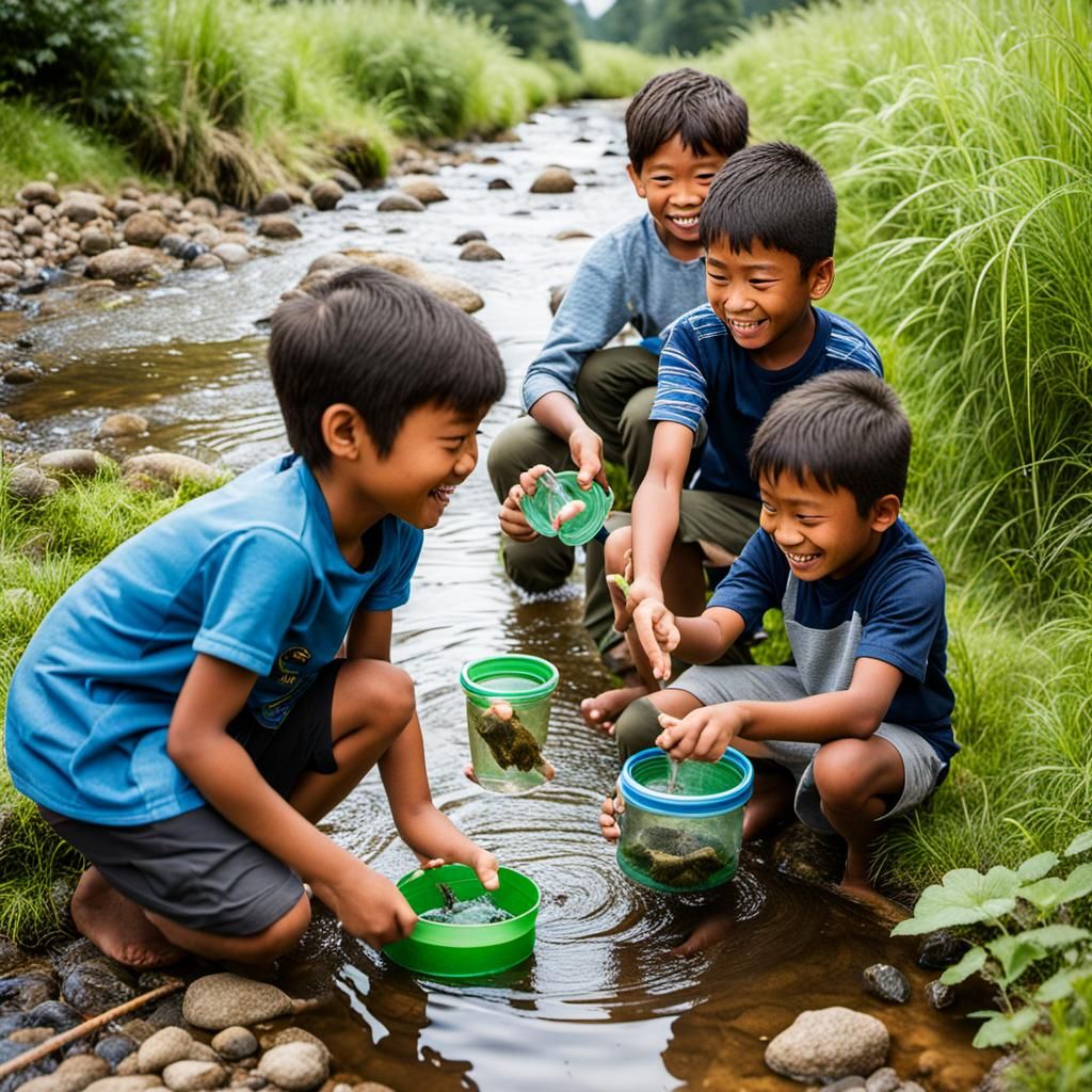 Children Catching Tadpoles in a Stream