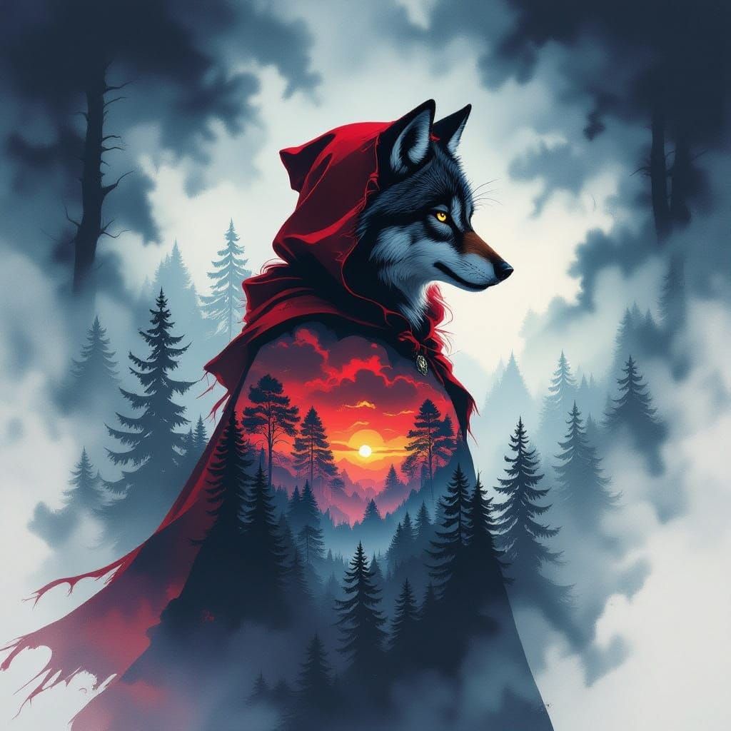 Little Red Riding Hood & Wolf Double Exposure in Moody Fores...