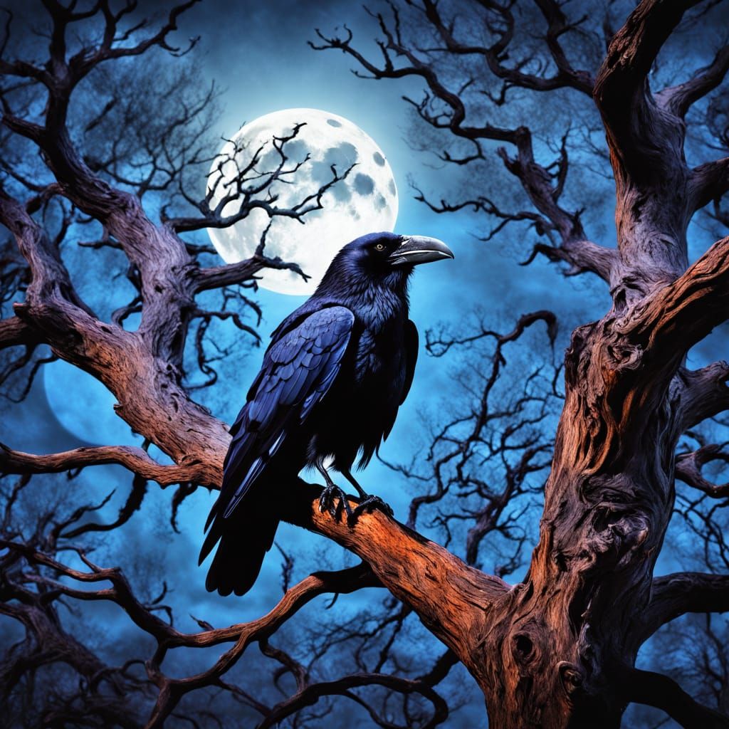 Majestic Raven Perches Under Full Moonlight in Ancient Oak