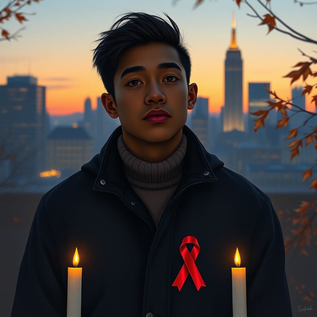 Contemplative Figure in Red Ribbons amidst Autumn Cityscape....