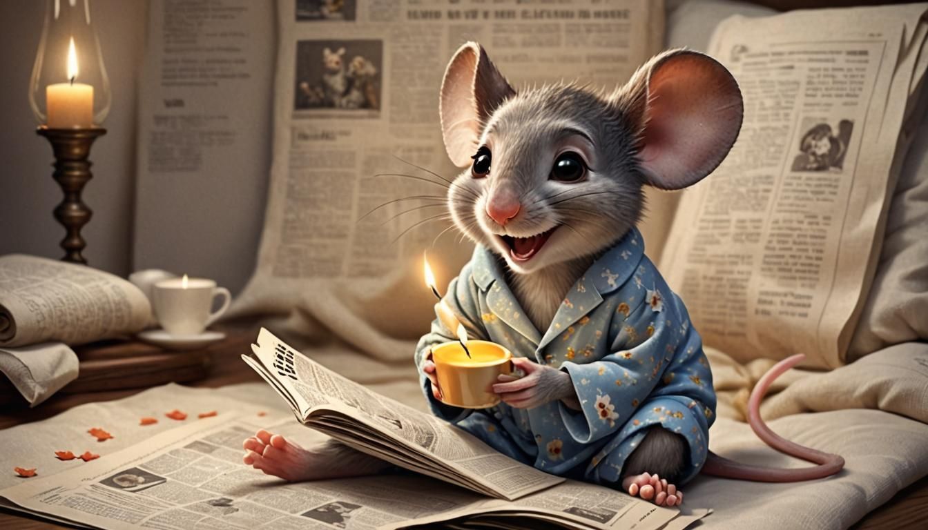 Happy Mouse Reading Newspaper in Pixar Style