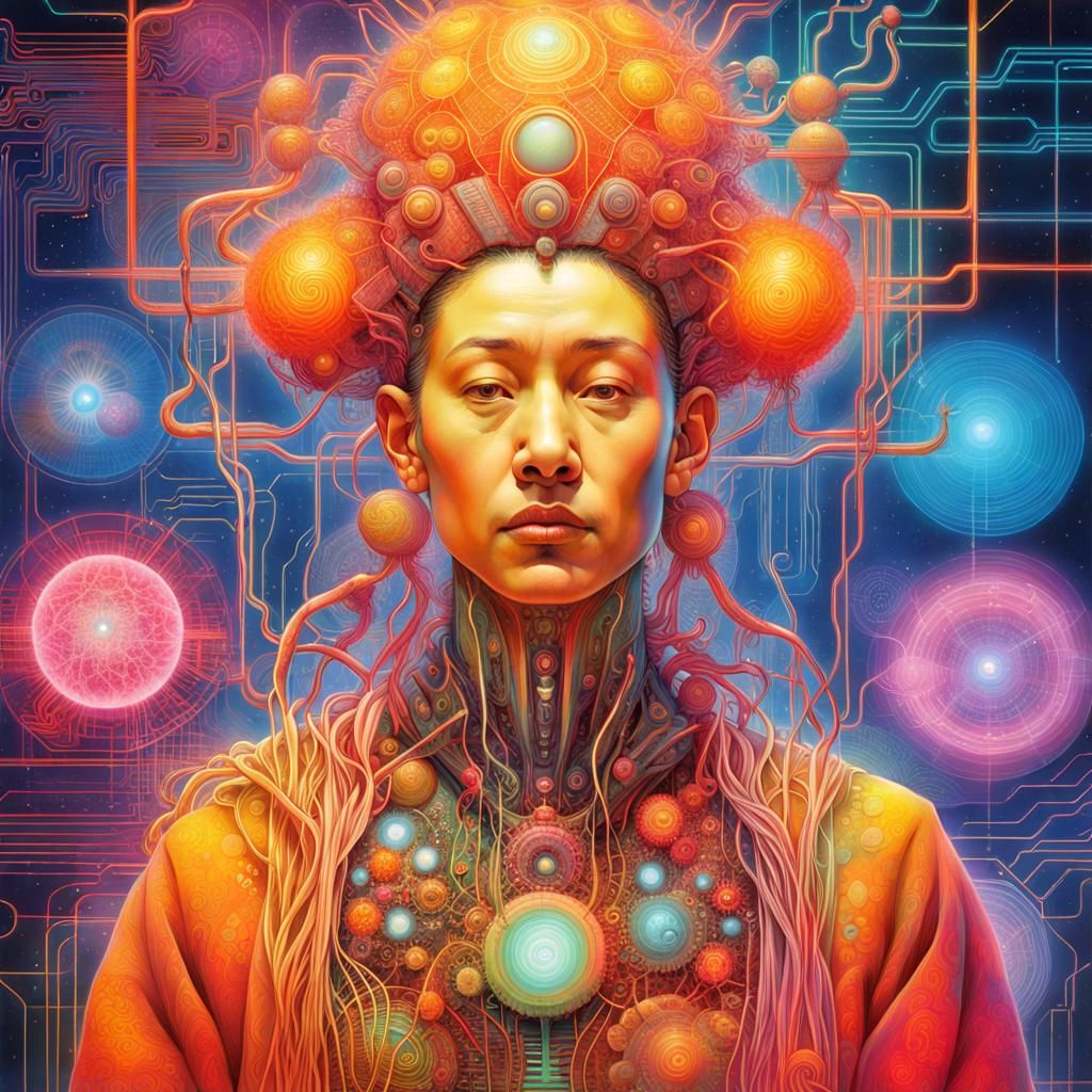 Futuristic Techno-Shaman Connecting to Digital Dimension