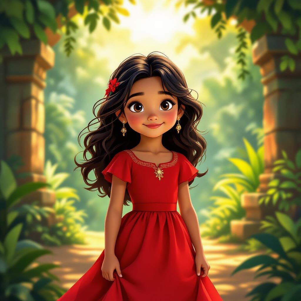 Girl in Red Dress in Sunlit Jungle Ruins