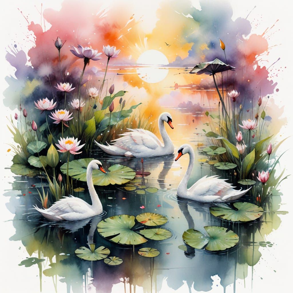 Swan Pair in Summer Lotus Lake: Watercolour Art