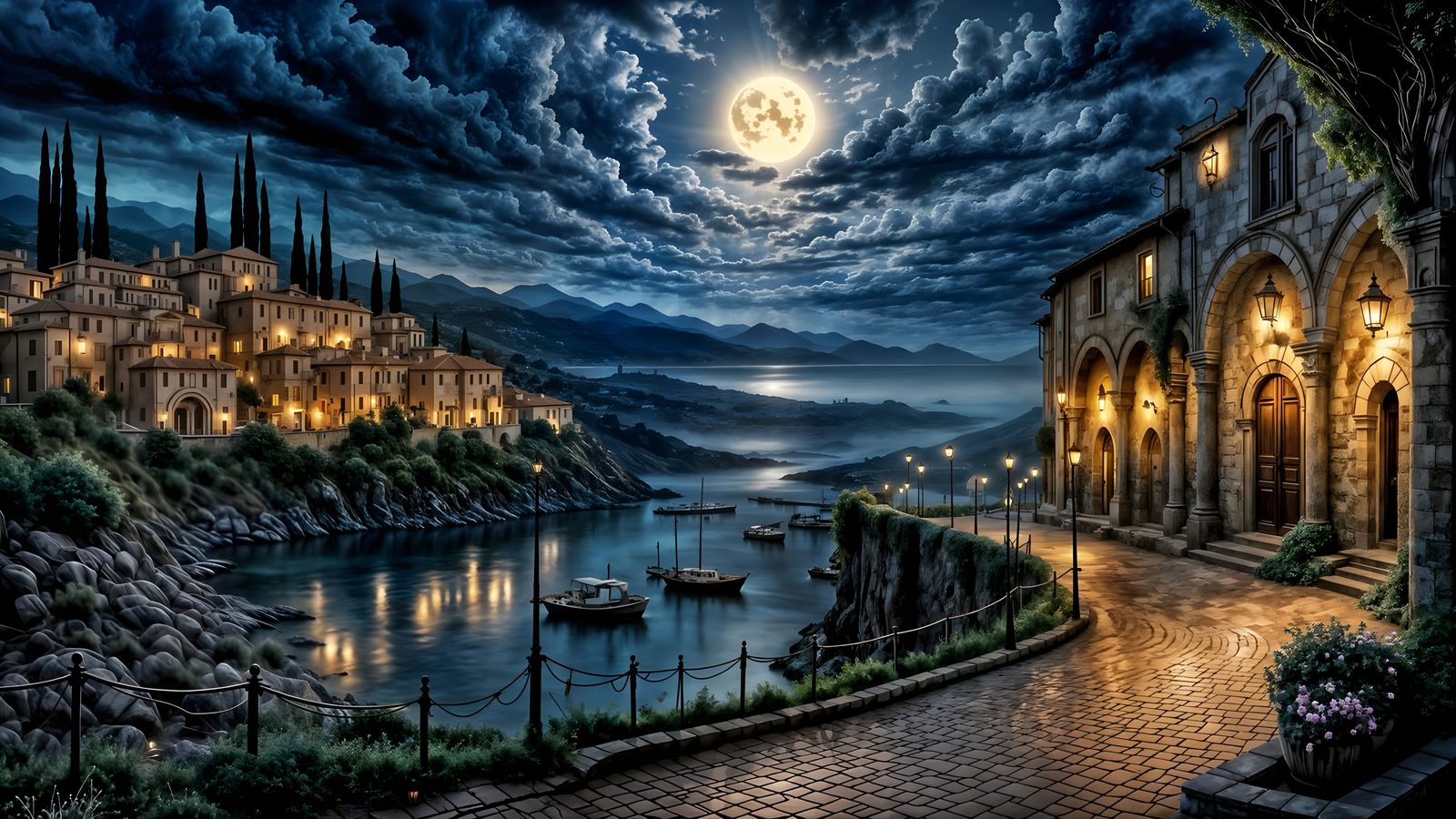 Starry Night Mediterranean Village in Ethereal Glow