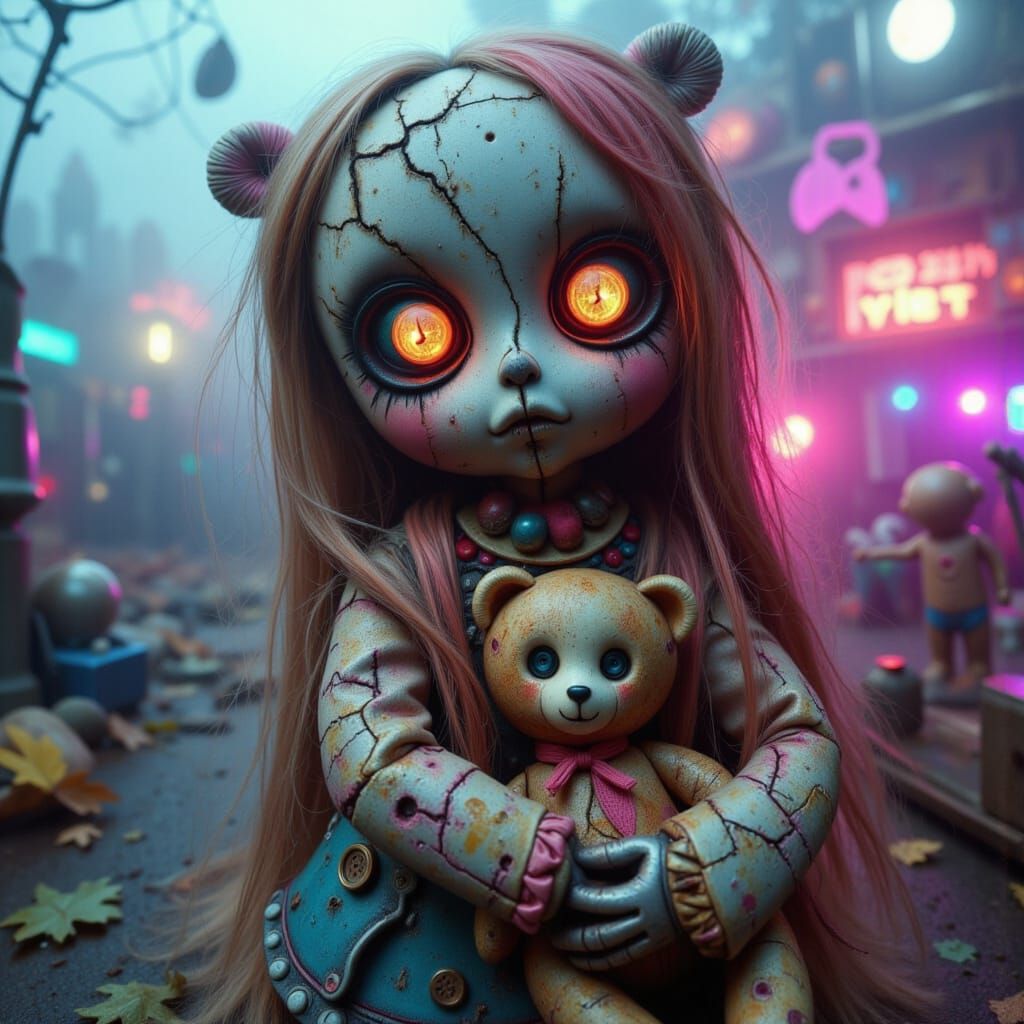 Whimsical Cyberpunk Alien Girl in Abandoned Carnival