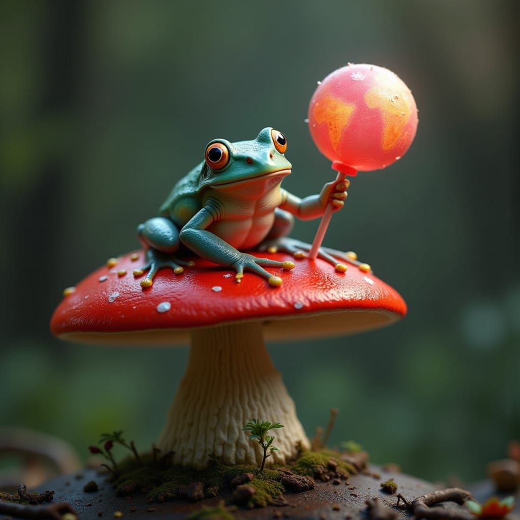 Frog with Planet Lollipop on Toadstool, Photorealistic Digit...