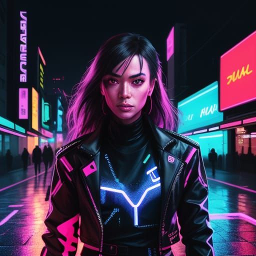Cyberpunk Portrait in a Neon Sunset of Glowing Hearts