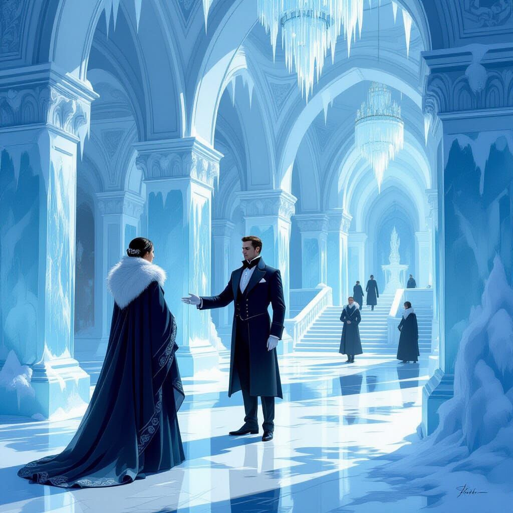 Elegant Steward Guiding Visitor Through Frost Palace