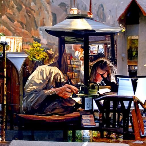 Cafe Scene: Person Writing, Oil Painting Style