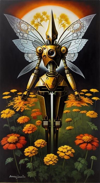 Rusty Robot Fairy in Oil Gouache Style