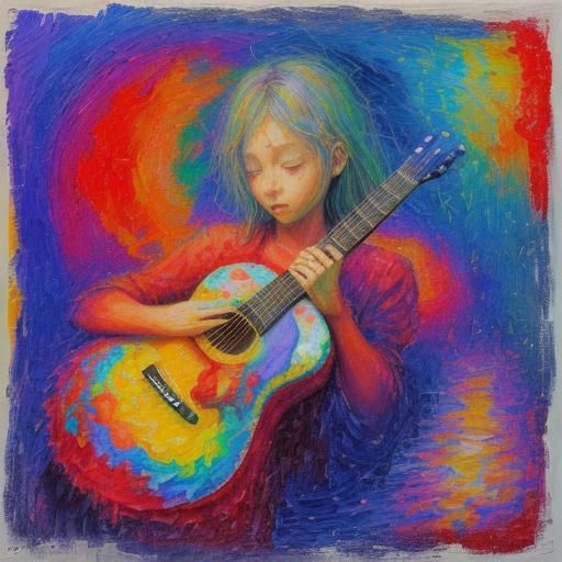 Guitarist's River Journey: Surreal Expressionist Oil Paintin...