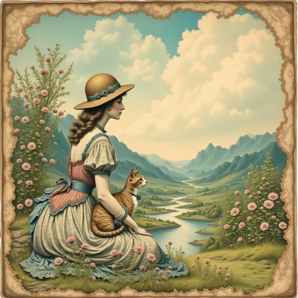 Whimsical Spring Maiden in Vintage Illustration Style