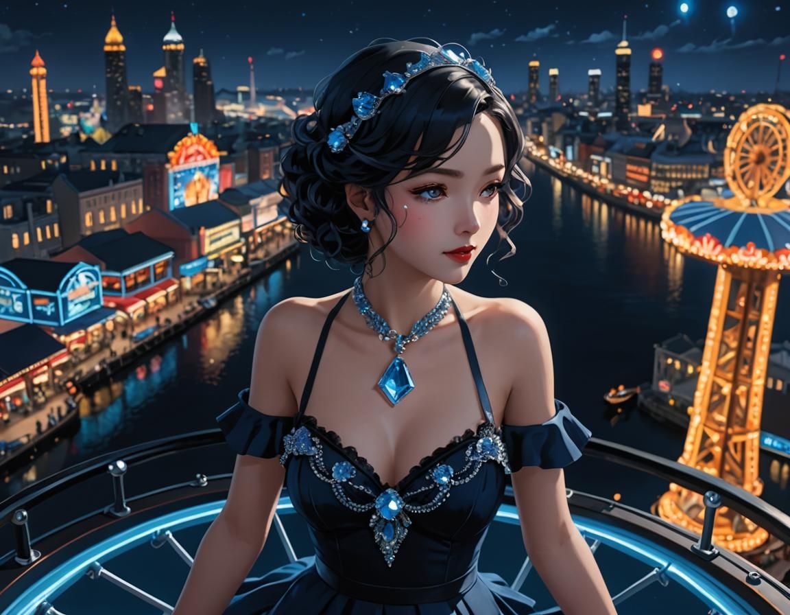 Nighttime Ferris Wheel View: 1930s Anime Art