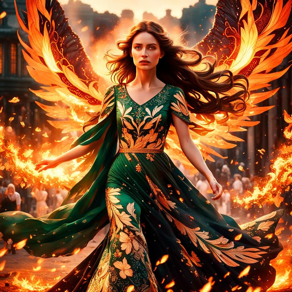 Ethereal Woman with Wings of Fire: Cinematic Portrait