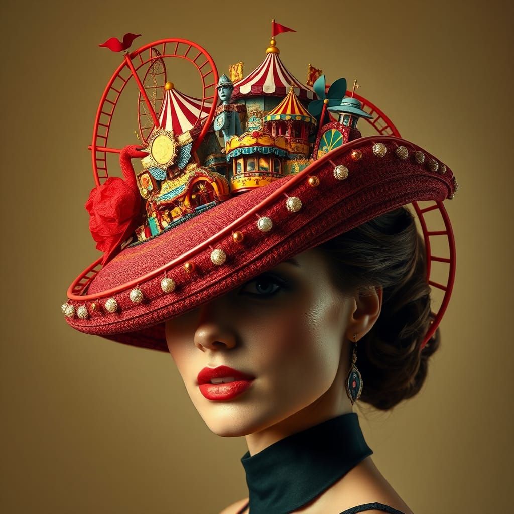 Carnival Ascot Hat Hiding Woman's Face, Photorealistic