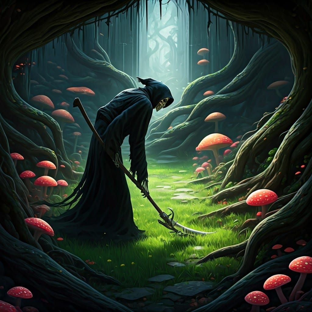 Grim Reaper Trimming Lawn in Fantasy Garden