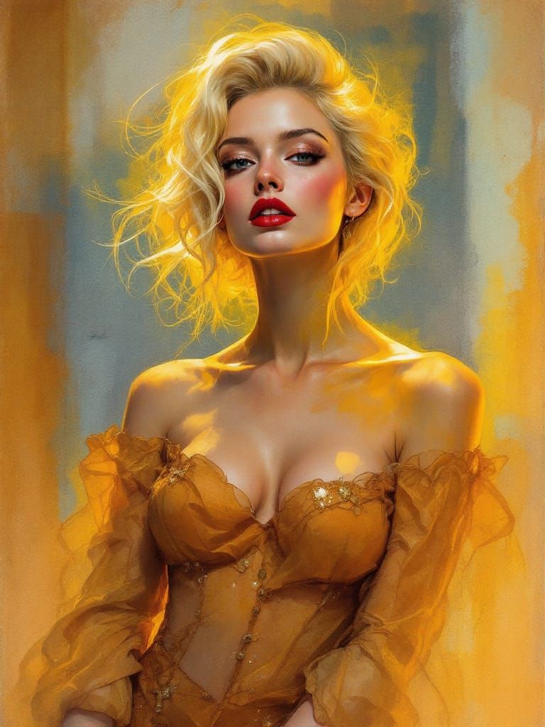 Golden Hour Pin-Up Woman in Luminous Watercolor Style
