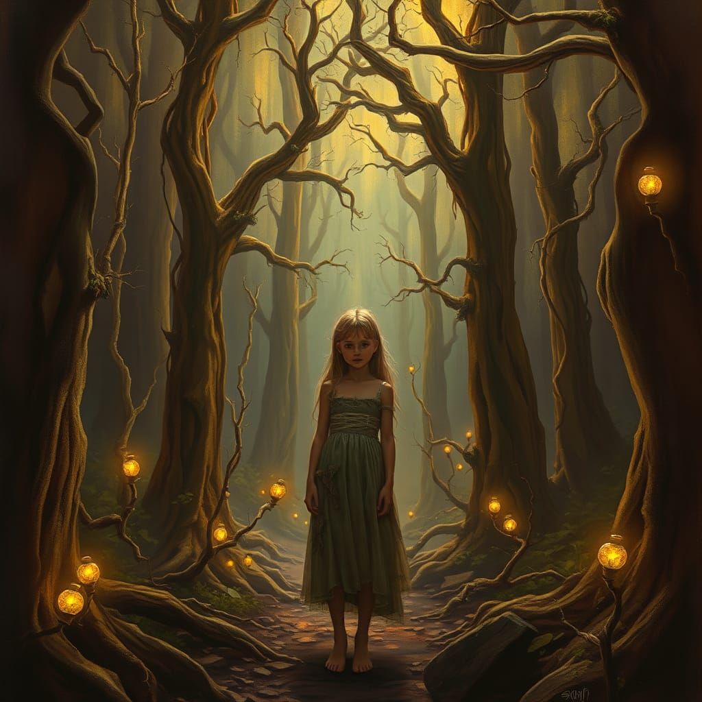 Lost Girl in Alien Forest: Art Nouveau Style