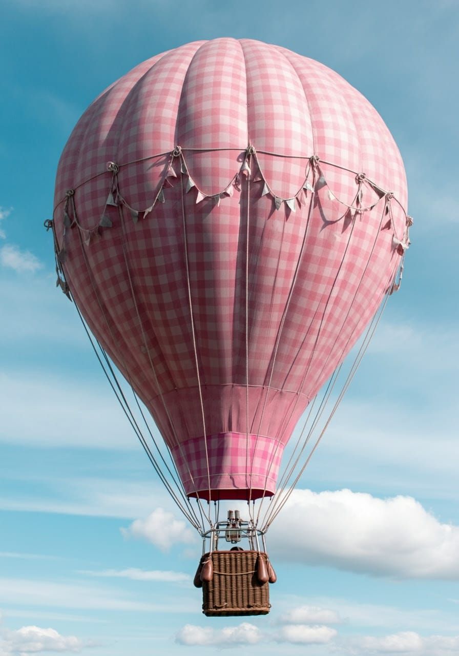 Gingham Goddess Ascends in Whimsical Hot Air Balloon